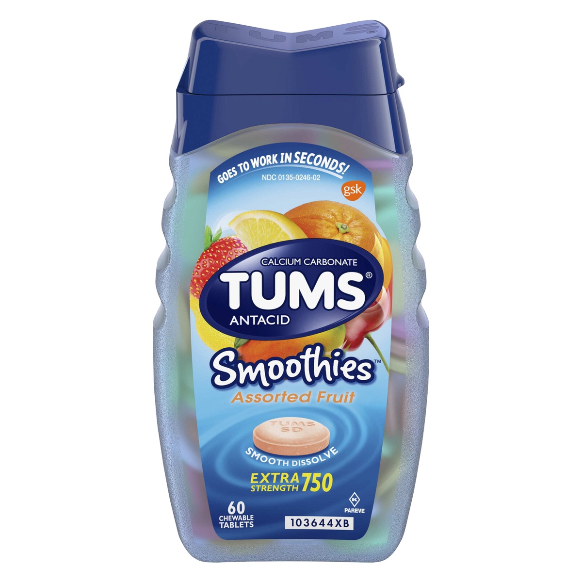 slide 1 of 1, TUMS Extra Strength Smoothies Assorted Fruit Antacid Chewable Tablets - 60ct, 60 ct