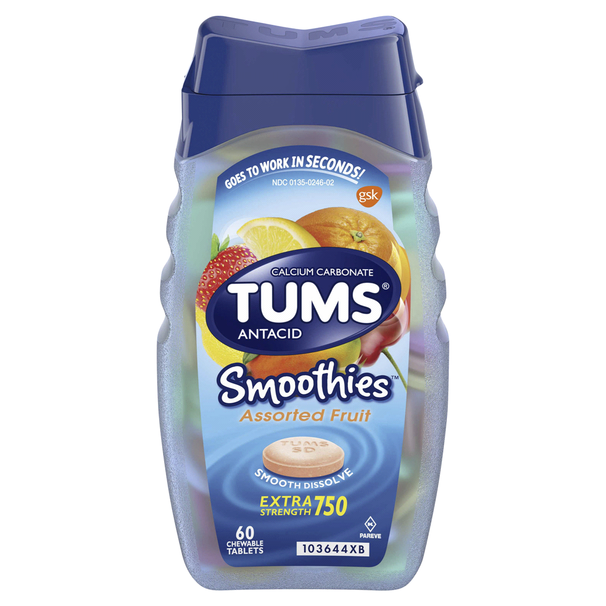 slide 1 of 2, Tums Smoothies Assorted Fruit Extra Strength Antacid, 60 ct