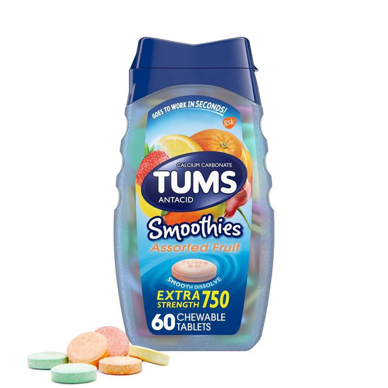 slide 1 of 5, TUMS Smoothies Chewable Extra Strength Antacid Tablets for Heartburn Relief, Assorted Fruit - 60 Count, 60 ct