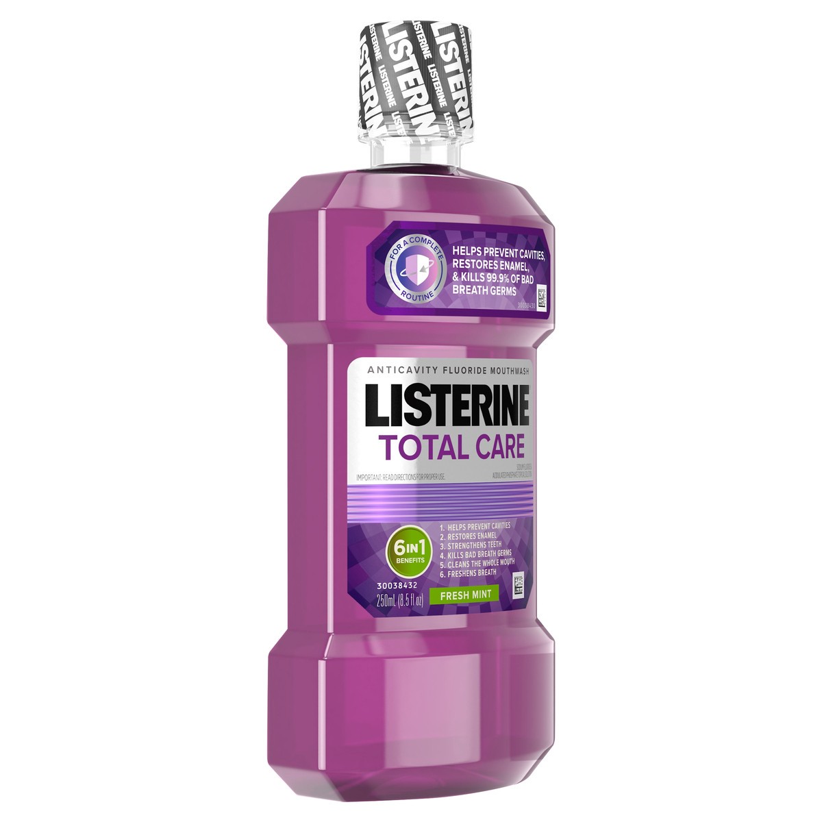 slide 2 of 6, Listerine Total Care Anticavity Fluoride Mouthwash, 6 Benefit Oral Rinse Kills 99% of Bad Breath Germs, Prevents Cavities, Strengthens Enamel, ADA-Accepted, Fresh Mint, 8.5 Fl. Oz (250 mL), 250 ml