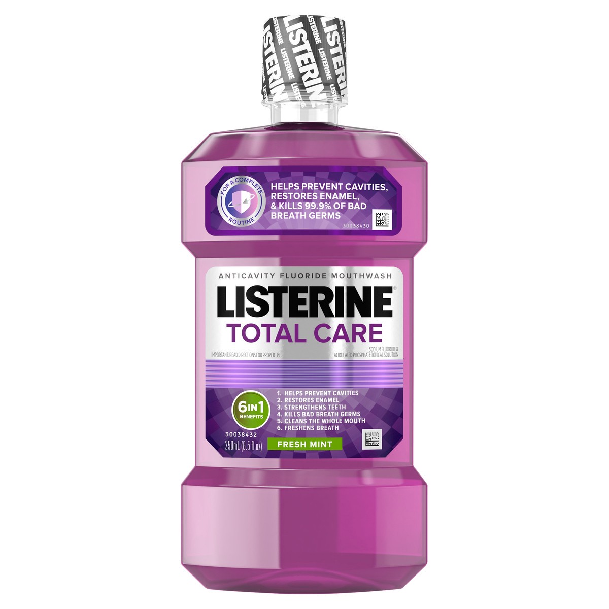 slide 4 of 6, Listerine Total Care Anticavity Fluoride Mouthwash, 6 Benefit Oral Rinse Kills 99% of Bad Breath Germs, Prevents Cavities, Strengthens Enamel, ADA-Accepted, Fresh Mint, 8.5 Fl. Oz (250 mL), 250 ml