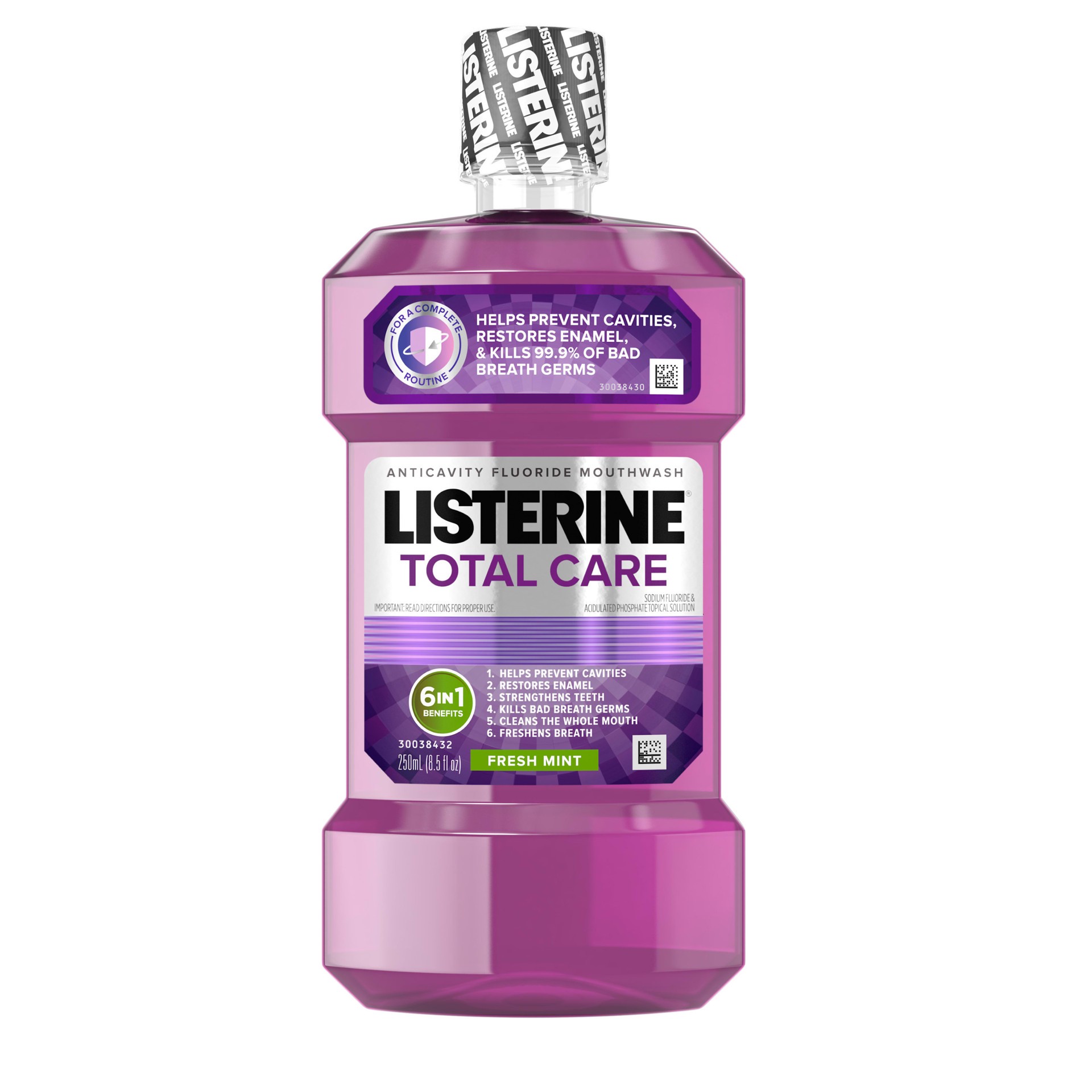 slide 1 of 6, Listerine Total Care Anticavity Fluoride Mouthwash, 6 Benefit Oral Rinse Kills 99% of Bad Breath Germs, Prevents Cavities, Strengthens Enamel, ADA-Accepted, Fresh Mint, 8.5 Fl. Oz (250 mL), 250 ml