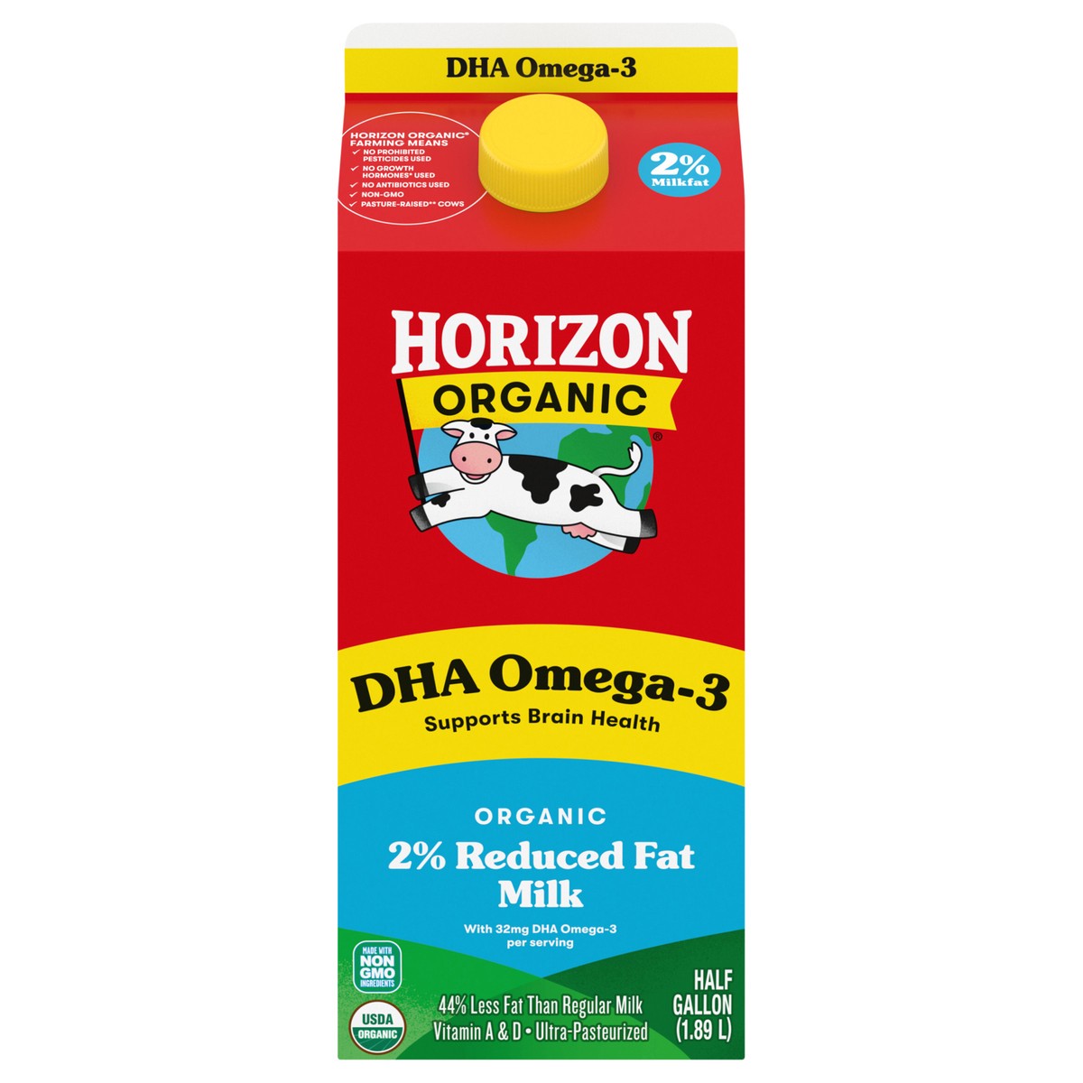 slide 1 of 5, Horizon Organic DHA Omega-3 Milk, DHA 2 Percent Milk, 64 FL OZ Half Gallon Carton, 1/2 gal