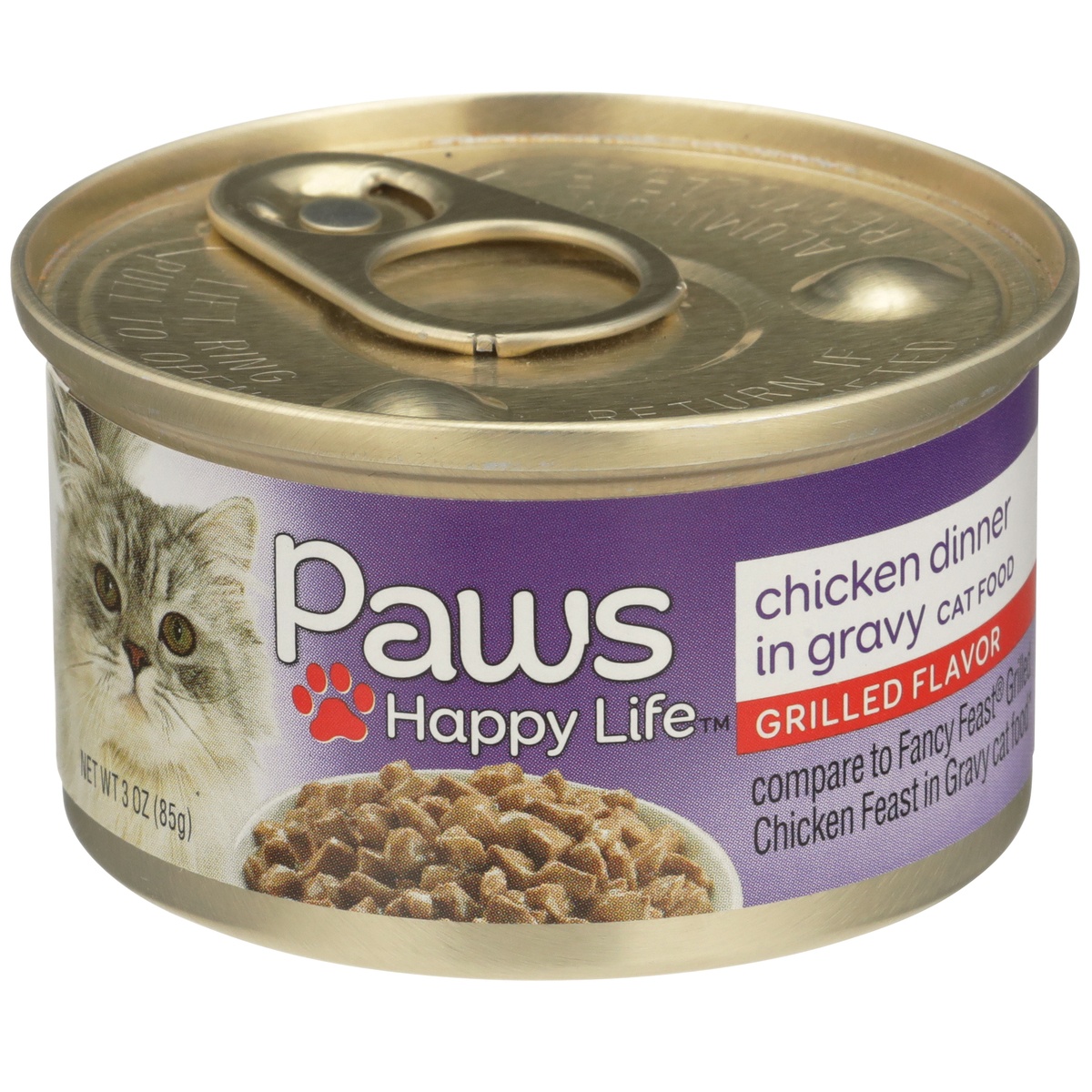 slide 1 of 8, Paws Happy Life Grilled Flavor Chicken Dinner In Gravy Cat Food, 3 oz