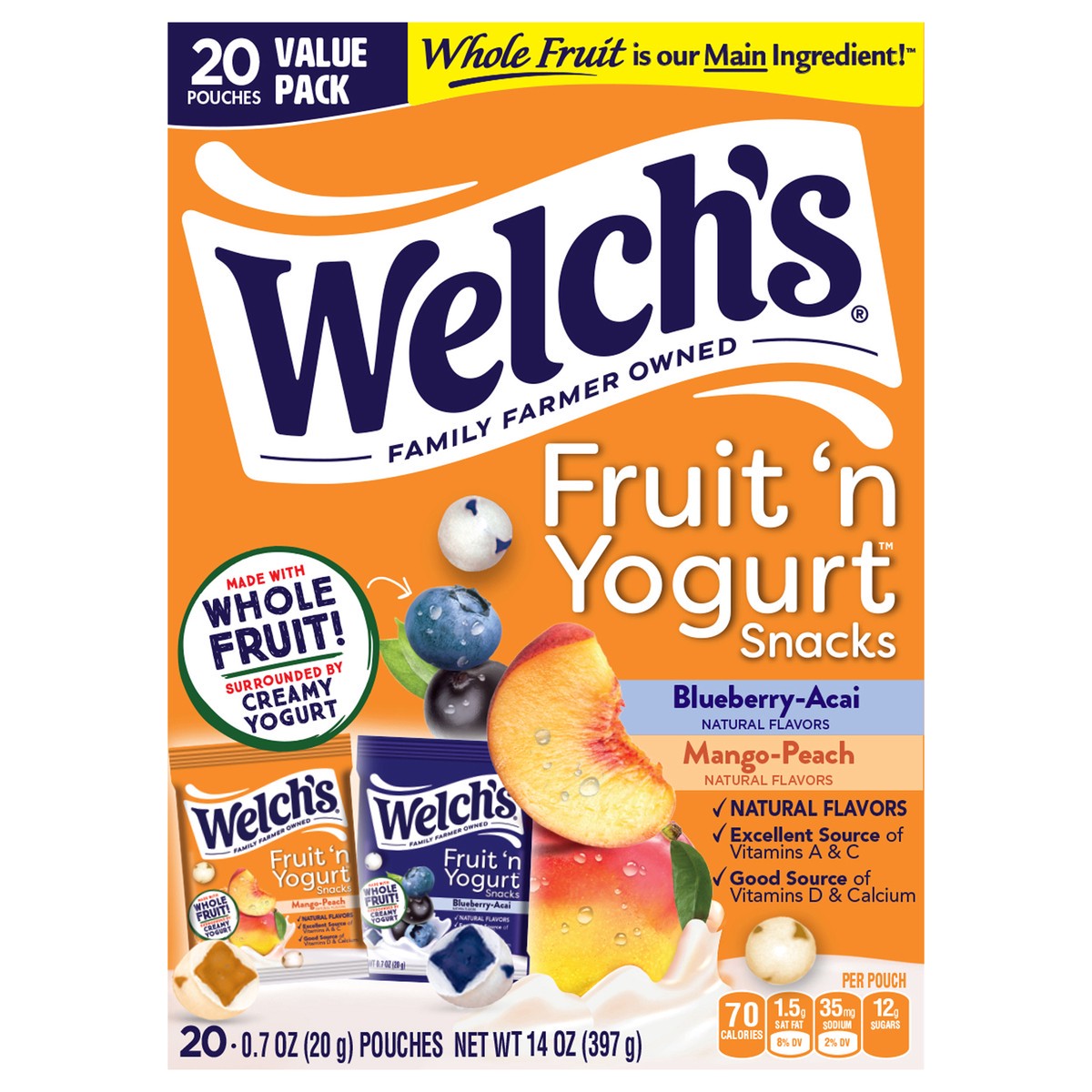 slide 1 of 7, Welch's Fruit n'Yogurt Blueberry-Acai/Mango-Peach 20ct Box, 20 ct