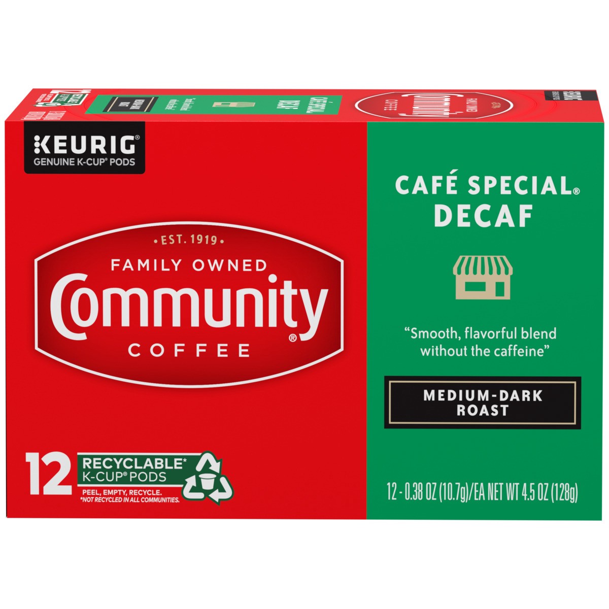 slide 1 of 10, Community Coffee Coffee, Medium-Dark Roast, Cafe Special Decaf, K-Cup Pods, 12 ct