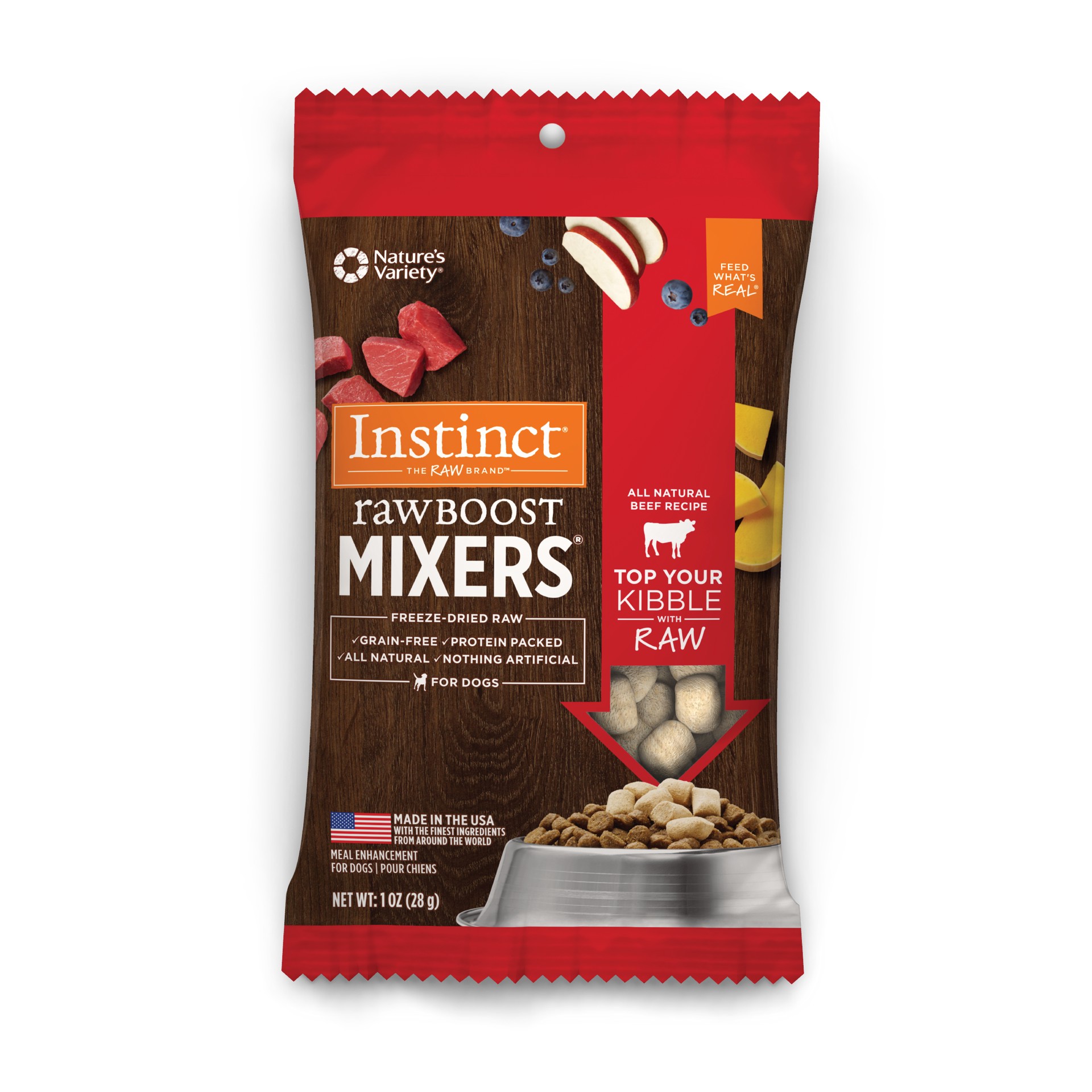 slide 1 of 8, Instinct Raw Boost Mixers Beef Freeze-Dried Dog Food Topper, 1 oz. Bag, 0.06 lb