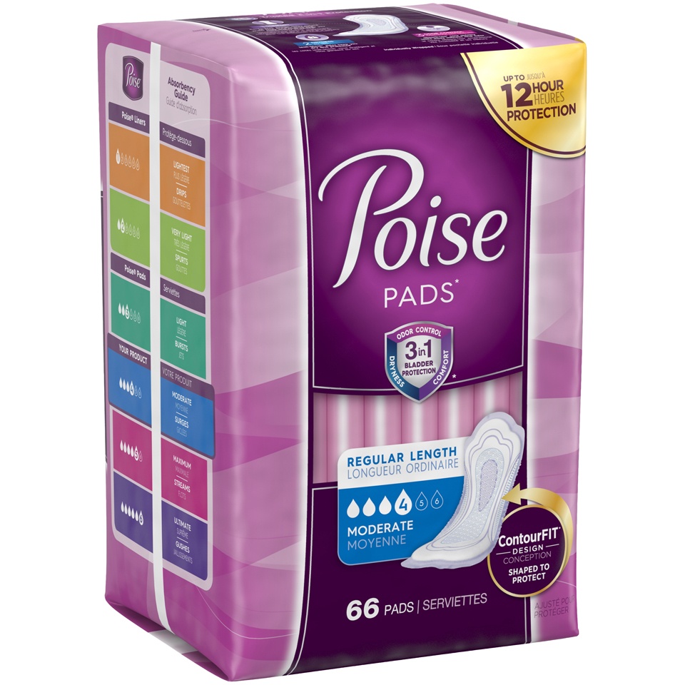 slide 2 of 3, Poise Moderate Absorbency Regular Length Pads, 66 ct