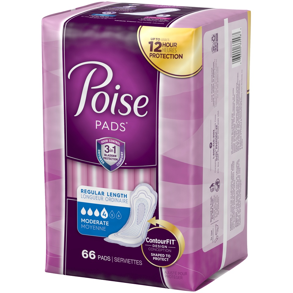 slide 3 of 3, Poise Moderate Absorbency Regular Length Pads, 66 ct