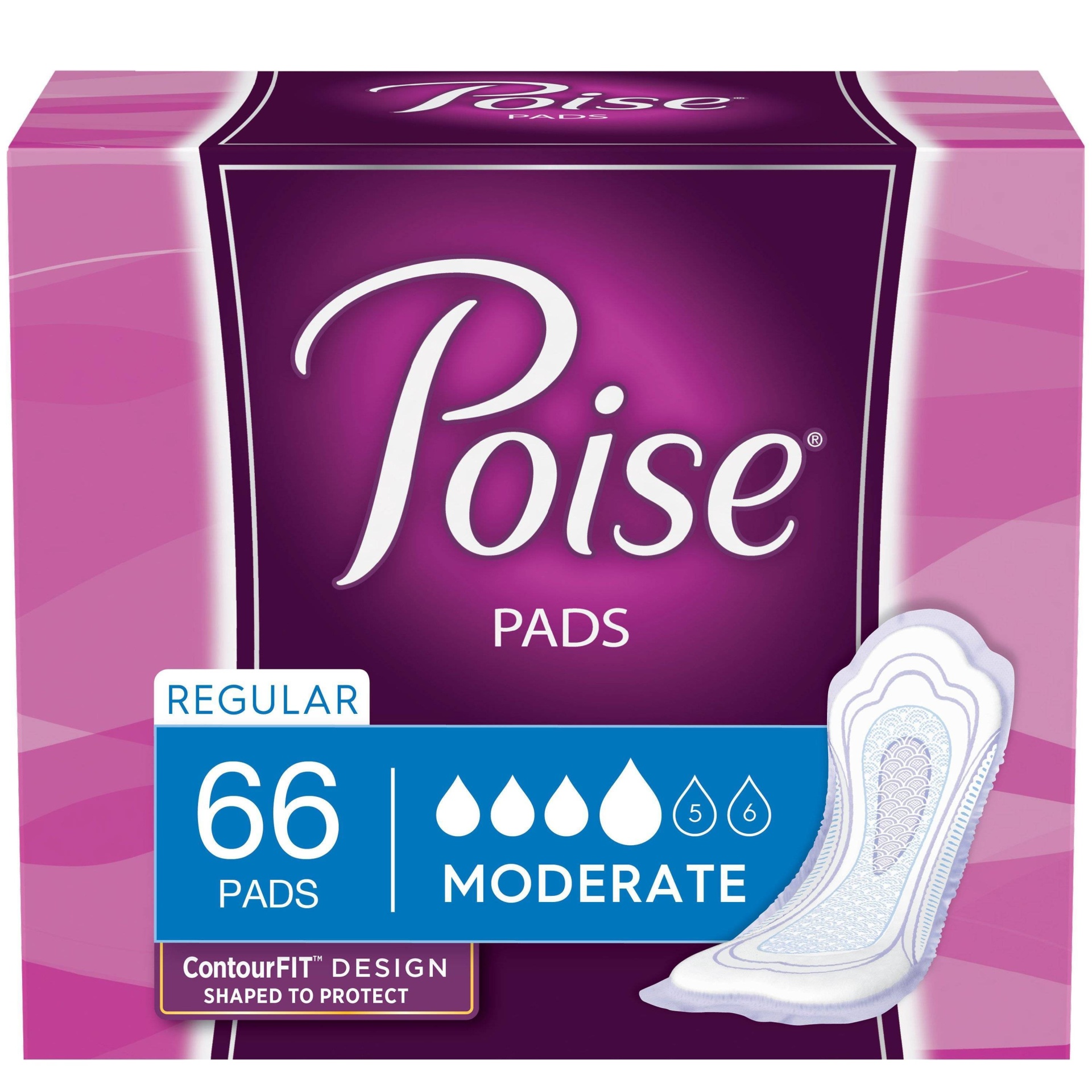 slide 1 of 3, Poise Moderate Absorbency Regular Length Pads, 66 ct