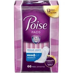 Poise Incontinence & Postpartum Pads for Bladder Leaks, 4 Drop Moderate Absorbency, Regular Length, 66 Count