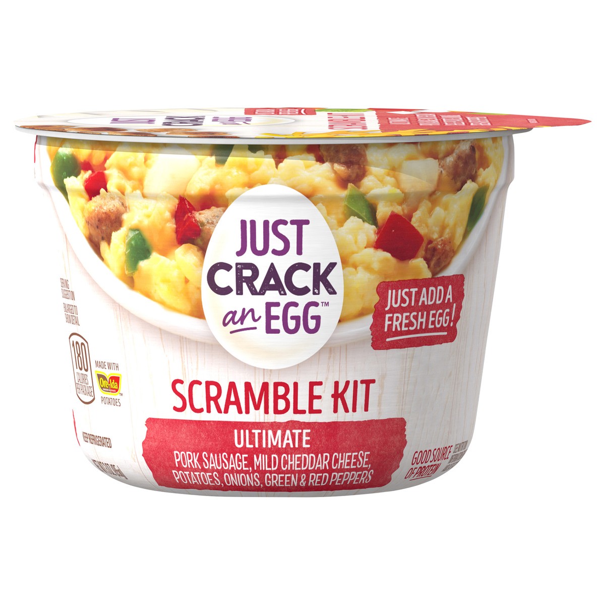 slide 1 of 4, Just Crack an Egg Ultimate Scramble Breakfast Bowl Kit with Pork Sausage, Mild Cheddar Cheese, Potatoes, Onions, and Green and Red Peppers, 3 oz. Cup, 3 oz