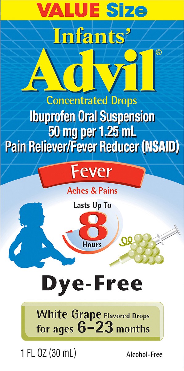 slide 10 of 11, Advil Infants' Value Size 6-23 Months Drops 50 mg White Grape Pain Reliever/Fever Reducer 1 oz, 1 fl oz