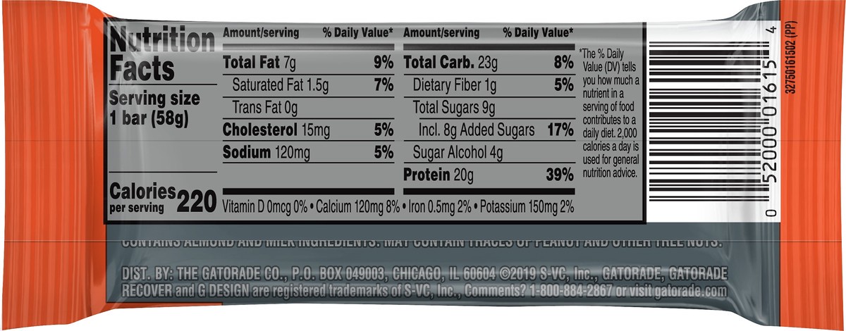 slide 5 of 5, Gatorade Recover Whey Protein With Almond Butter Protein Bar, 2 oz