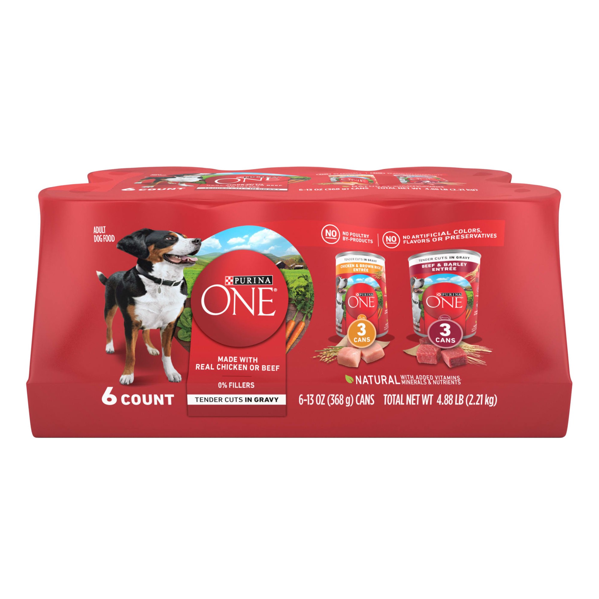 slide 1 of 8, Purina ONE Tender Cuts in Gravy Chicken and Brown Rice, and Beef and Barley Entrees Wet Dog Food Variety Pack, 4.88 lb