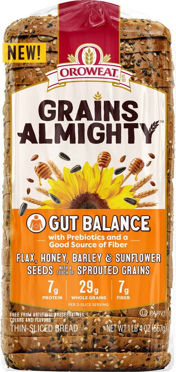 slide 2 of 11, Oroweat Grains Almighty Gut Balance Bread, 20 oz, 567 g
