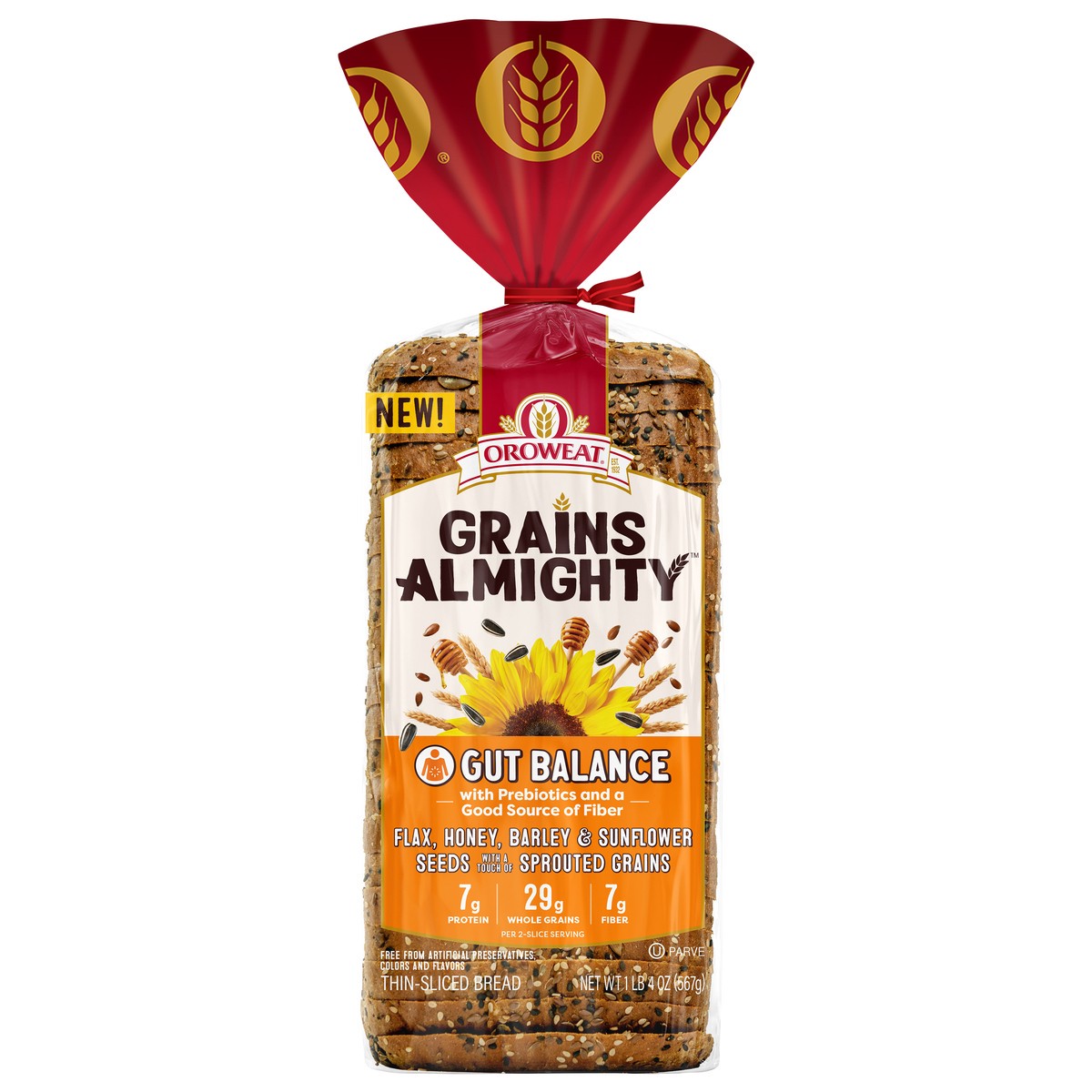 slide 4 of 11, Oroweat Grains Almighty Gut Balance Bread, 20 oz, 567 g
