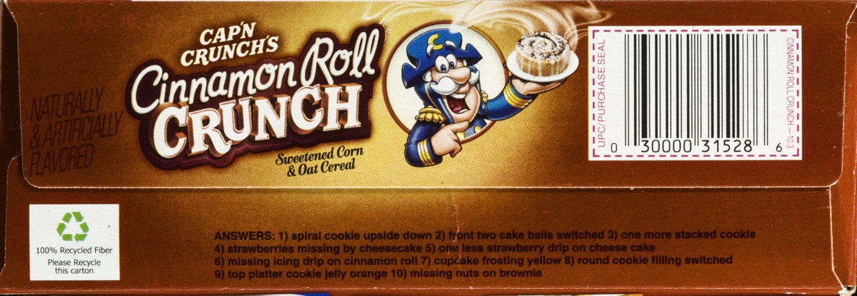 slide 7 of 9, Cap'n Crunch's Cinnamon Roll Crunch Flavored Sweetened Corn & Oat Cereal 10.3Oz Paper Box, 10.3 oz