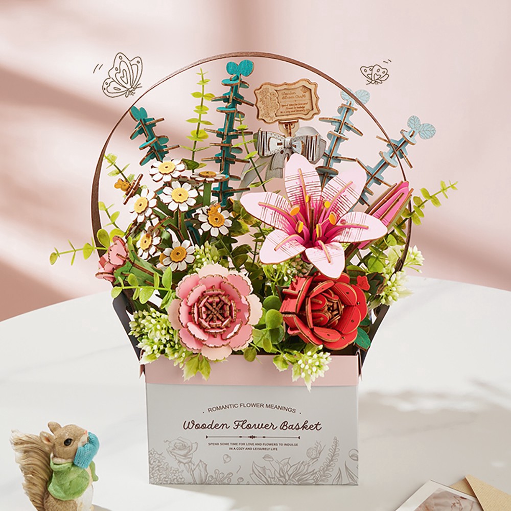 slide 6 of 6, Robotime Rowood Wooden Flower Basket Diy 3d Puzzle Kit, 11 in x 5.9 in x 11.8 in