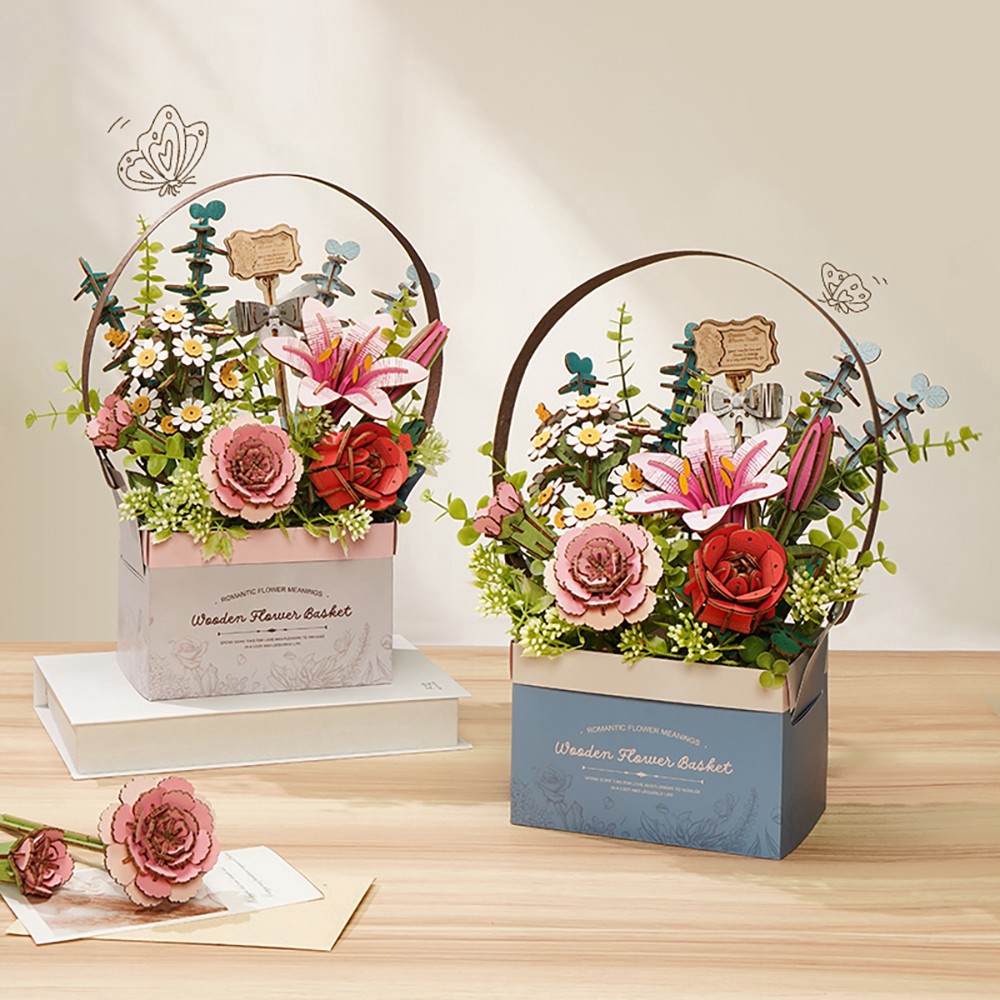 slide 4 of 6, Robotime Rowood Wooden Flower Basket Diy 3d Puzzle Kit, 11 in x 5.9 in x 11.8 in