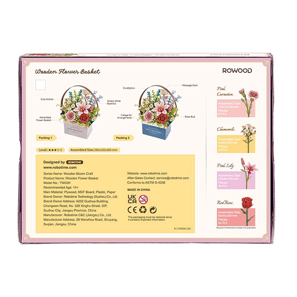 slide 3 of 6, Robotime Rowood Wooden Flower Basket Diy 3d Puzzle Kit, 11 in x 5.9 in x 11.8 in
