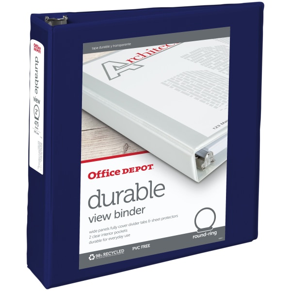 slide 1 of 5, Office Depot Brand Durable View Round-Ring Binder, 2'' Rings, Blue, 2 in