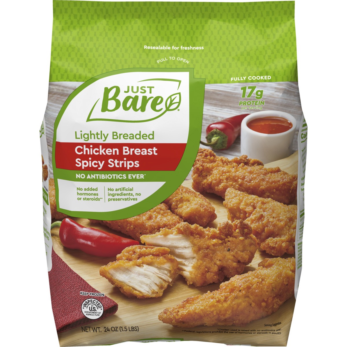 slide 4 of 7, Just BARE Lightly Breaded Chicken Breast Spicy Strips, 1.5 lb