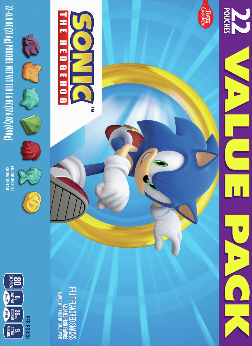slide 3 of 8, Betty Crocker Sonic The Hedgehog Fruit Flavored Snacks, Treat Pouches, Gluten Free Snack, Value Pack, 22 Ct, 17.6 oz, 22 ct