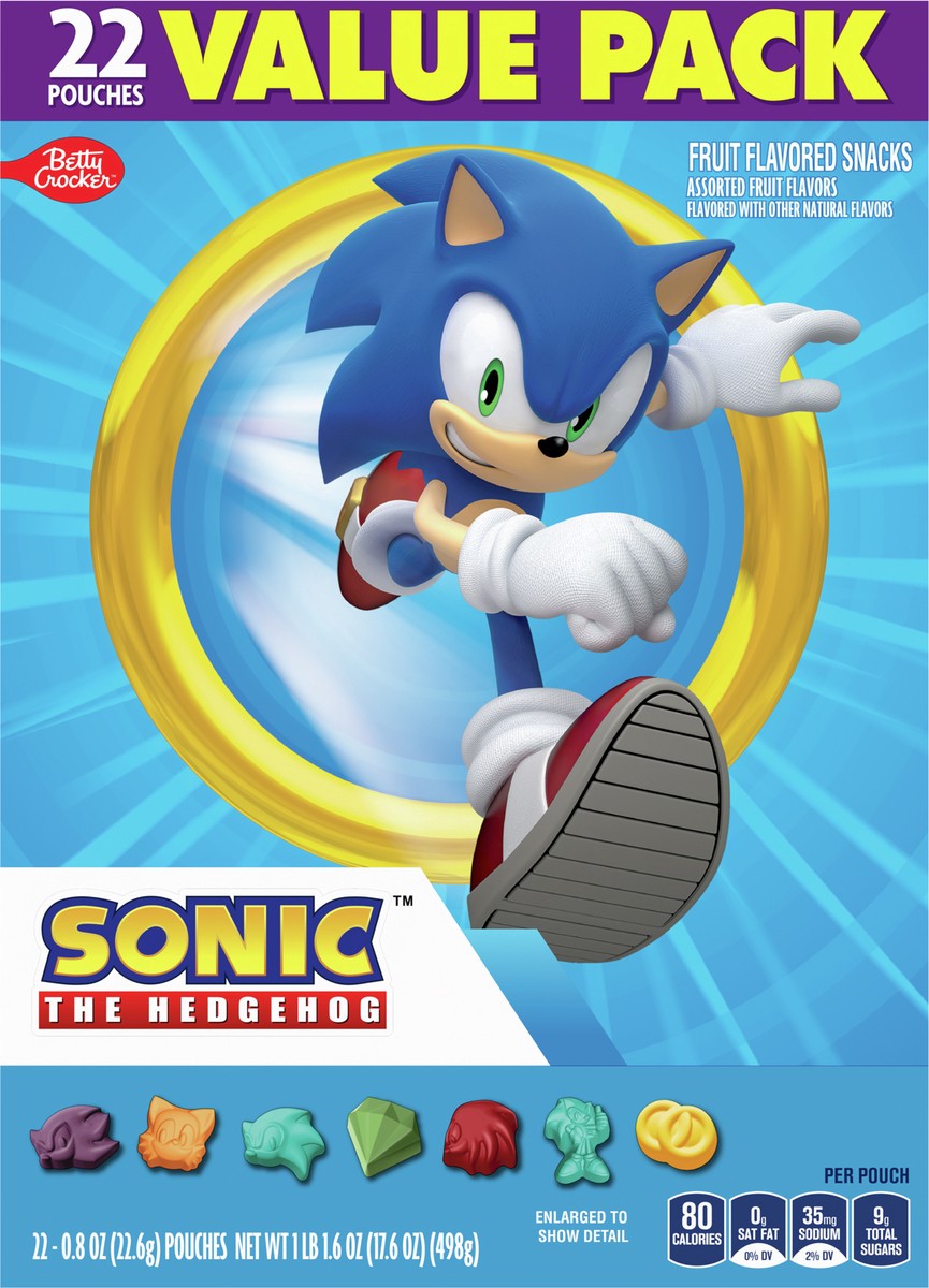 slide 8 of 8, Betty Crocker Sonic The Hedgehog Fruit Flavored Snacks, Treat Pouches, Gluten Free Snack, Value Pack, 22 Ct, 17.6 oz, 22 ct