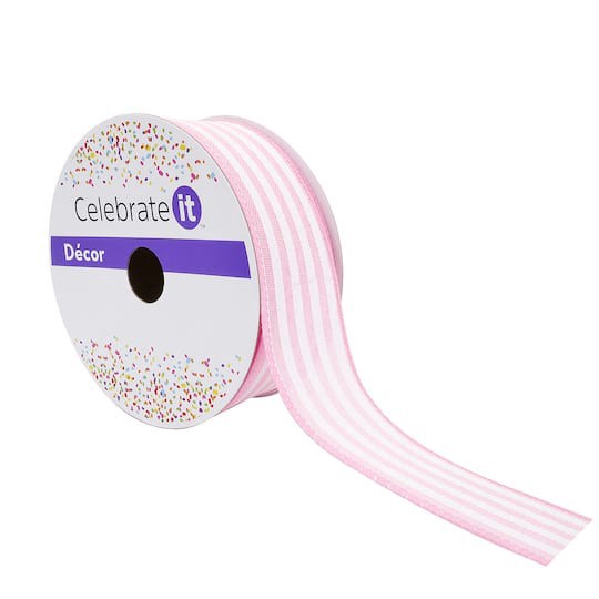 slide 1 of 4, 1.5" X 30ft. Stripe Faux Linen Wired Ribbon By Celebrate It Decor, 1.5 in x 30 ft