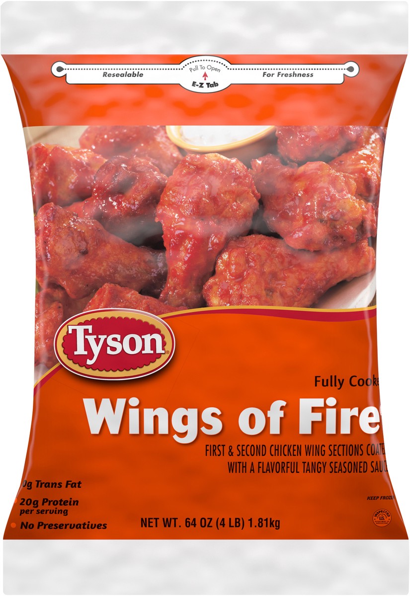 slide 5 of 6, Tyson Fully Cooked, Wings of Fire(R), First and Second Chicken Wing Sections, Bag, 1.81 kg