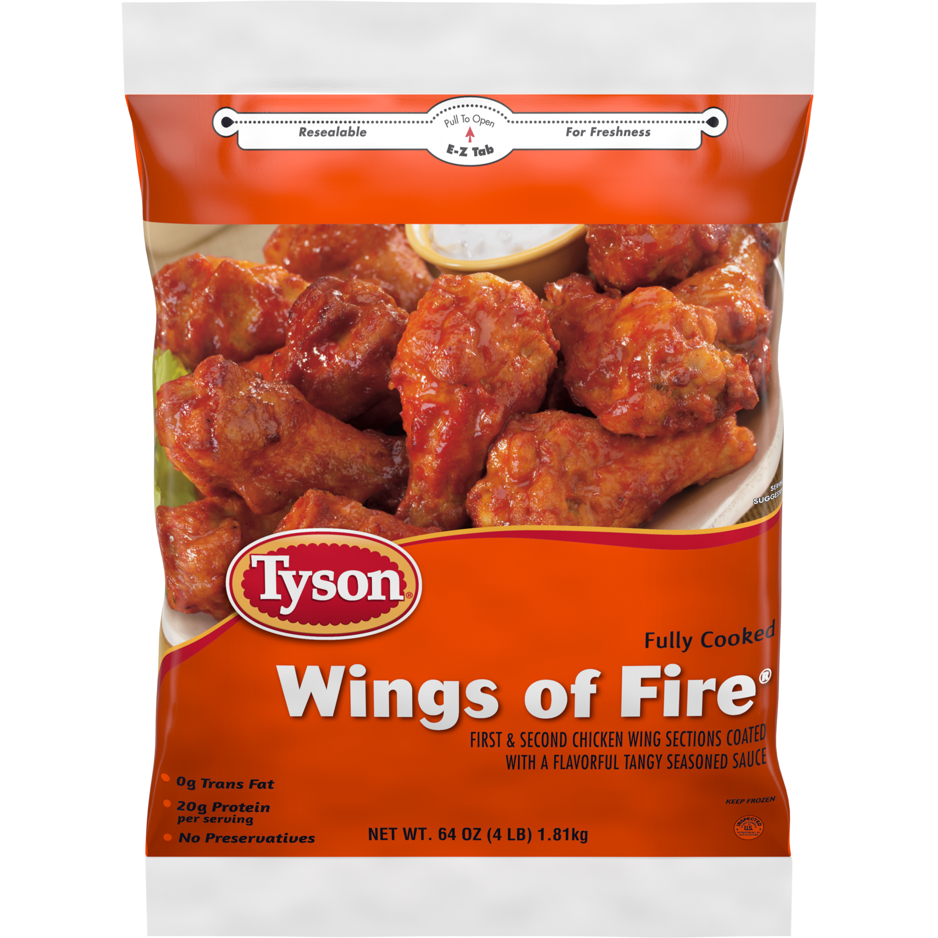 slide 1 of 6, Tyson Fully Cooked, Wings of Fire(R), First and Second Chicken Wing Sections, Bag, 1.81 kg