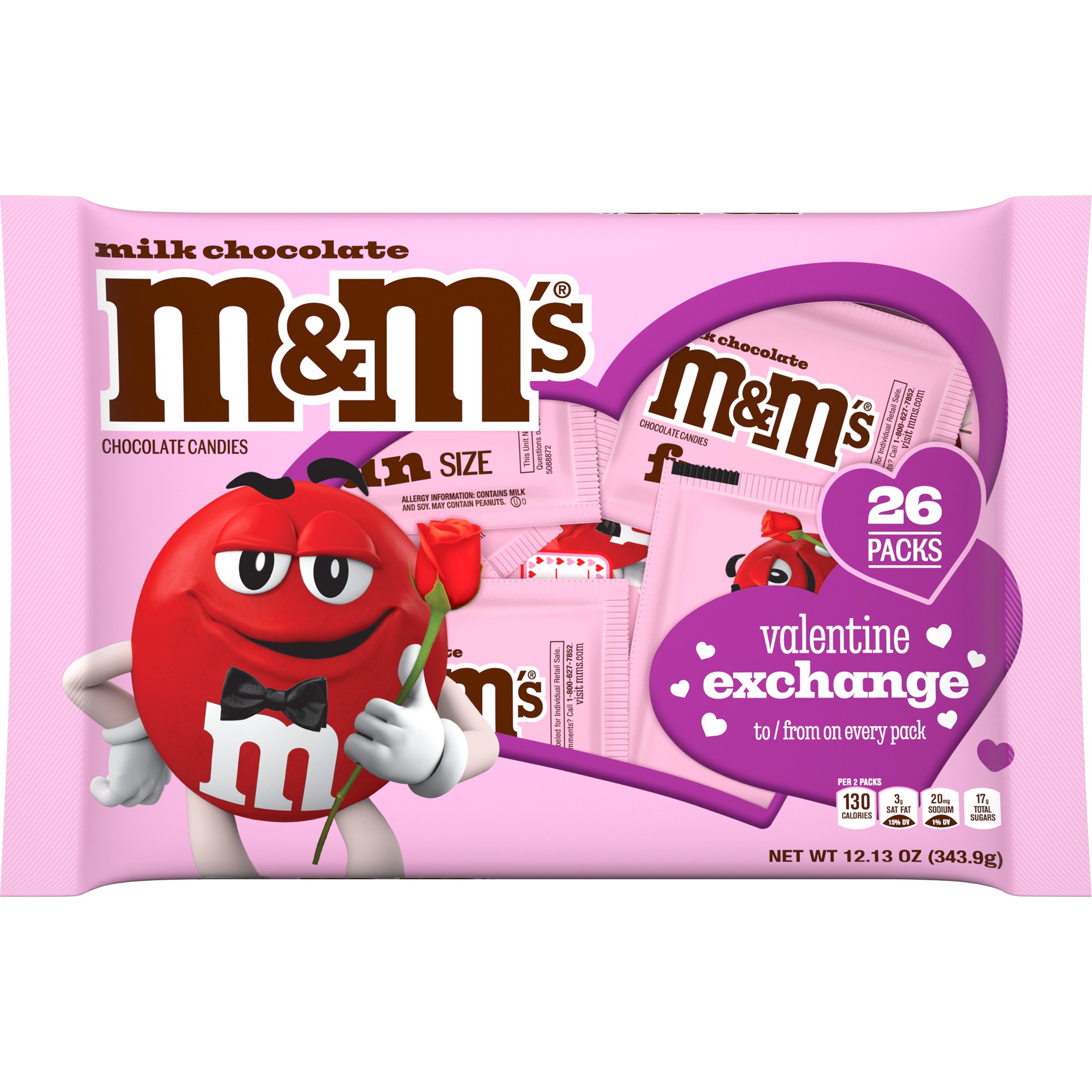 slide 1 of 8, M&M's M&M''S Milk Chocolate Candy Valentines Day Gift Exchange, 26 count, 12.13 oz