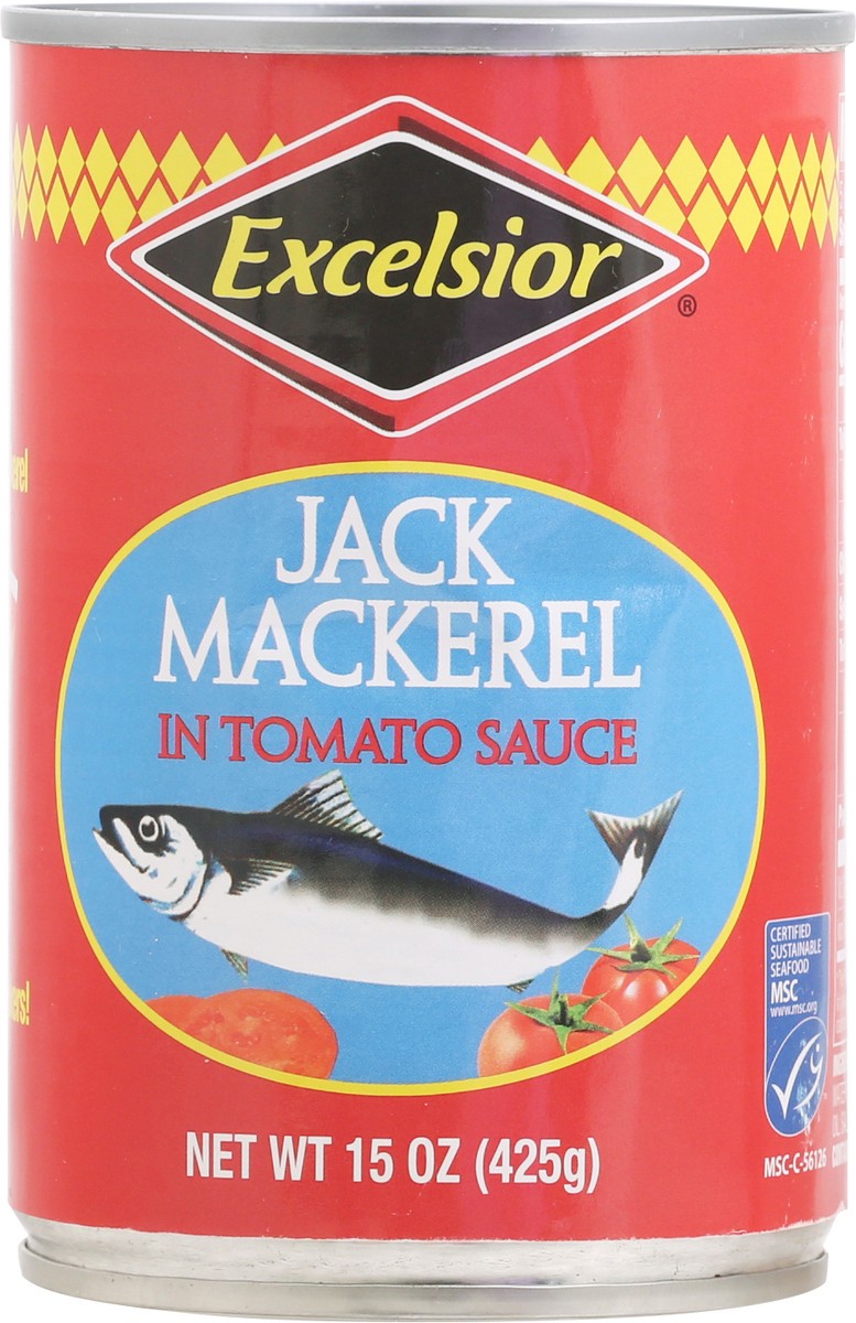 slide 4 of 9, Excelsior Jack Mackerel In Tomato Sauce 15 oz Can, 15 oz