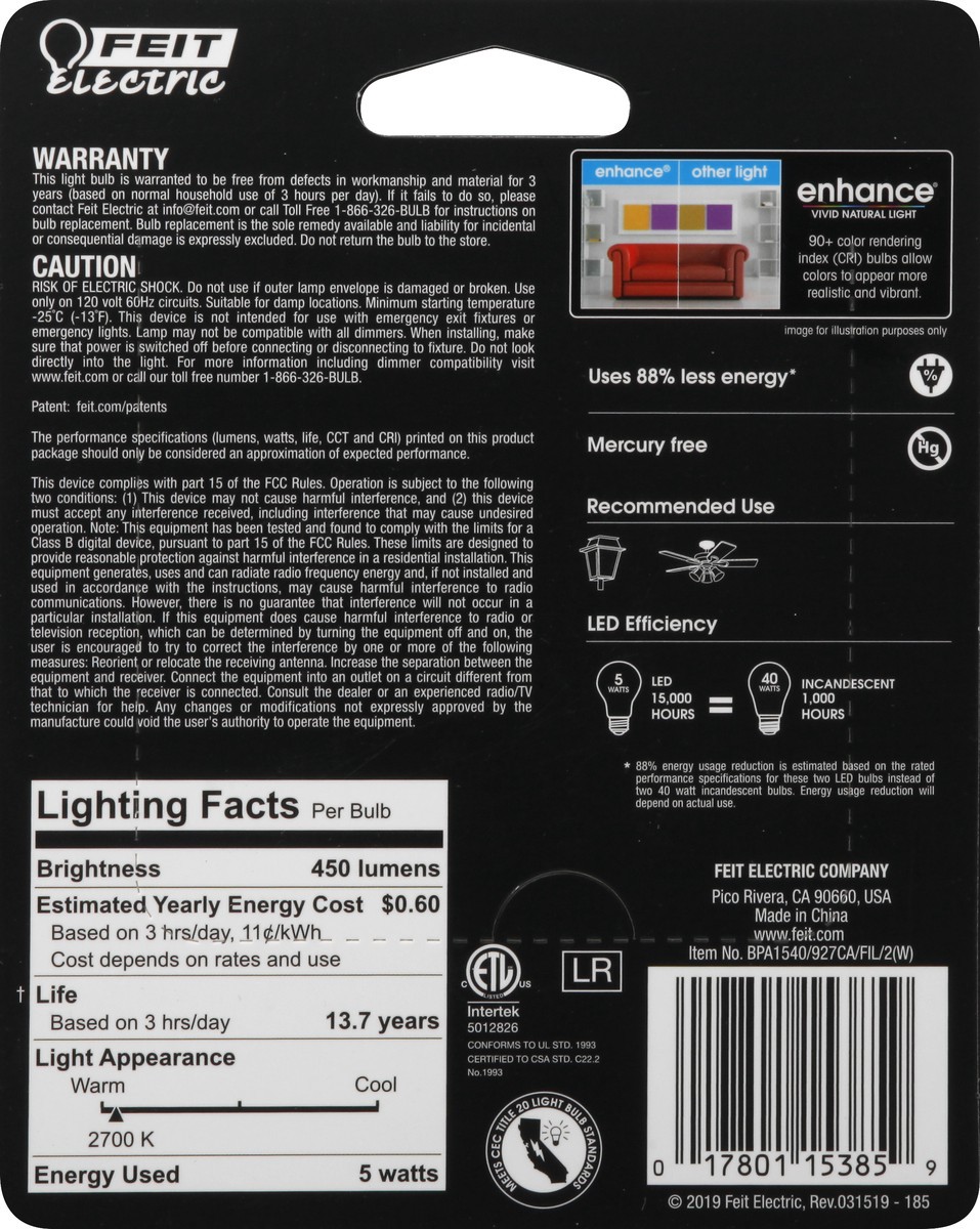 slide 9 of 11, Feit Electric Enhance 5 Watts LED Clear Soft White Bulbs 2 ea, 2 ct