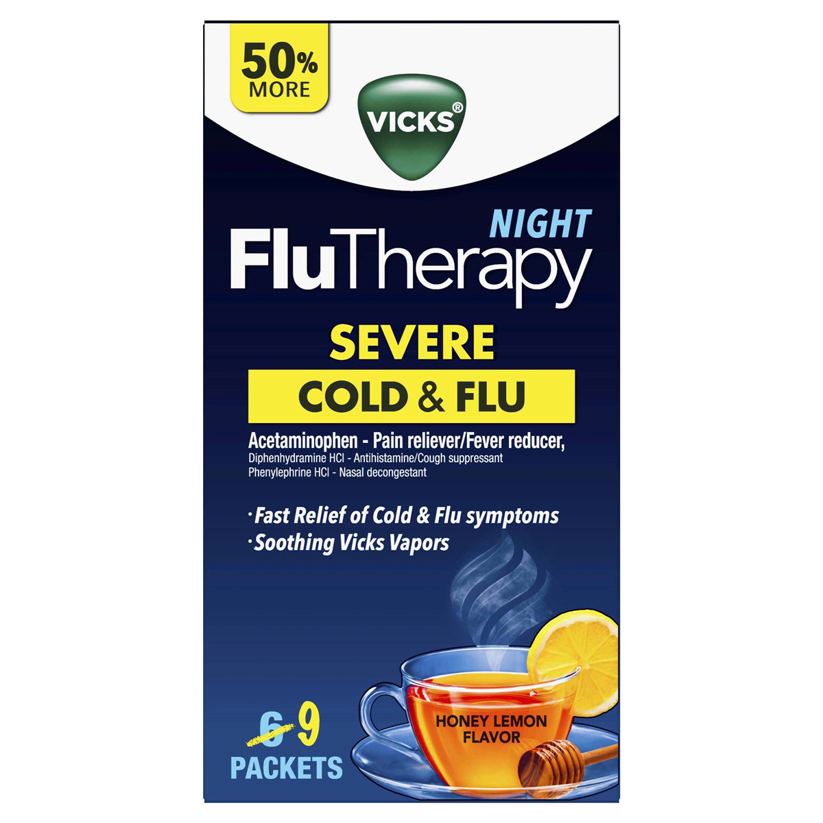 slide 1 of 1, Vicks FluTherapy SEVERE Cold & Flu Nighttime, Hot Drink, Soothing Vapors, Relieves Nasal Congestion, Sore Throat, Aches, Fever, Cough, Honey Lemon, 6 ct