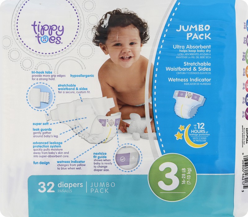 slide 3 of 4, Tippy Toes Ultrafit Jumbo Size 3 Diapers, 32 ct