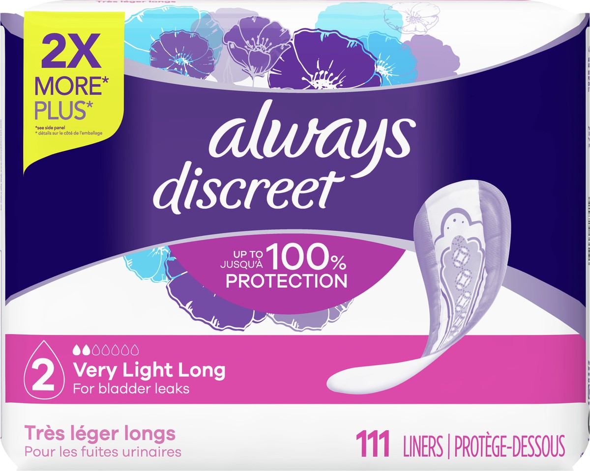 slide 5 of 5, Always Discreet Incontinence Liners, Very Light Absorbency, Long Length, 111 CT for bladder leaks, 111 ct