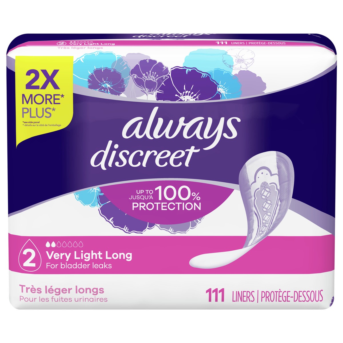 slide 1 of 5, Always Discreet Incontinence Liners, Very Light Absorbency, Long Length, 111 CT for bladder leaks, 111 ct