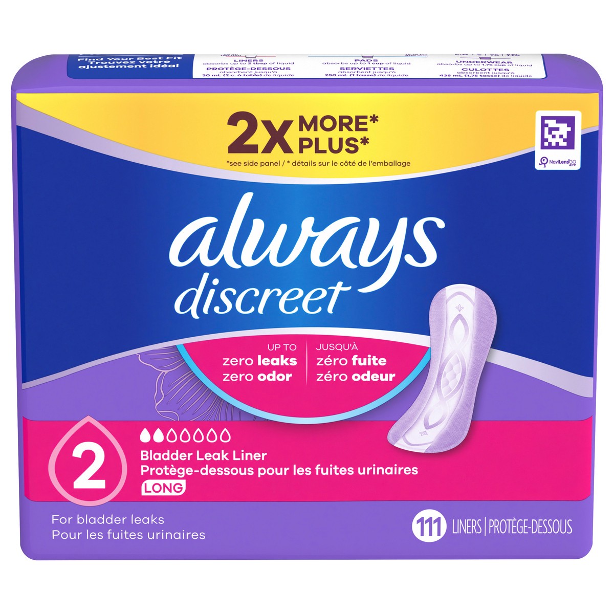 slide 1 of 5, Always Discreet Incontinence Panty Liners for Bladder Leaks, Size 2, Very Light Absorbency, Long Length, 111 CT, 111 ct