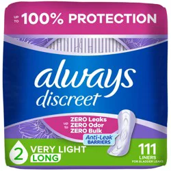 Always Discreet Incontinence Panty Liners for Bladder Leaks, Size 2, Very Light Absorbency, Long Length, 111 Count