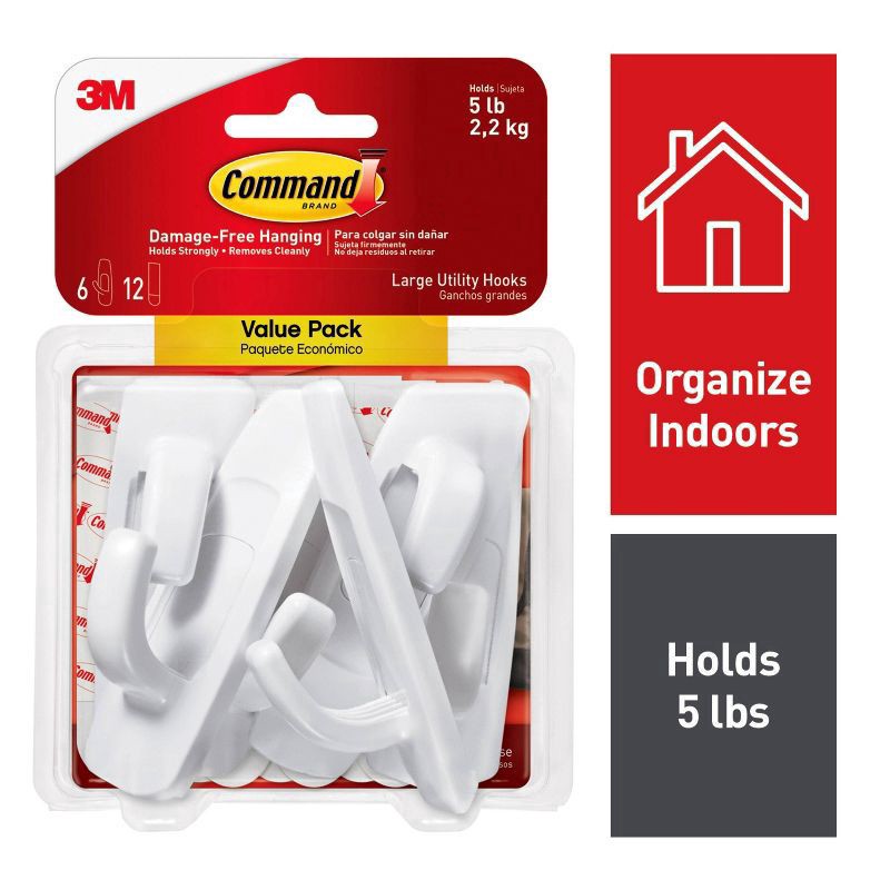 slide 5 of 12, Command 6 Hooks 12 Strips Large Sized Utility Decorative Hooks Value Pack White, 1 ct
