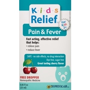 slide 1 of 1, Kids Relief Pain & Fever Cherry Flavor Homeopathic Medicine, 0.85 fl oz