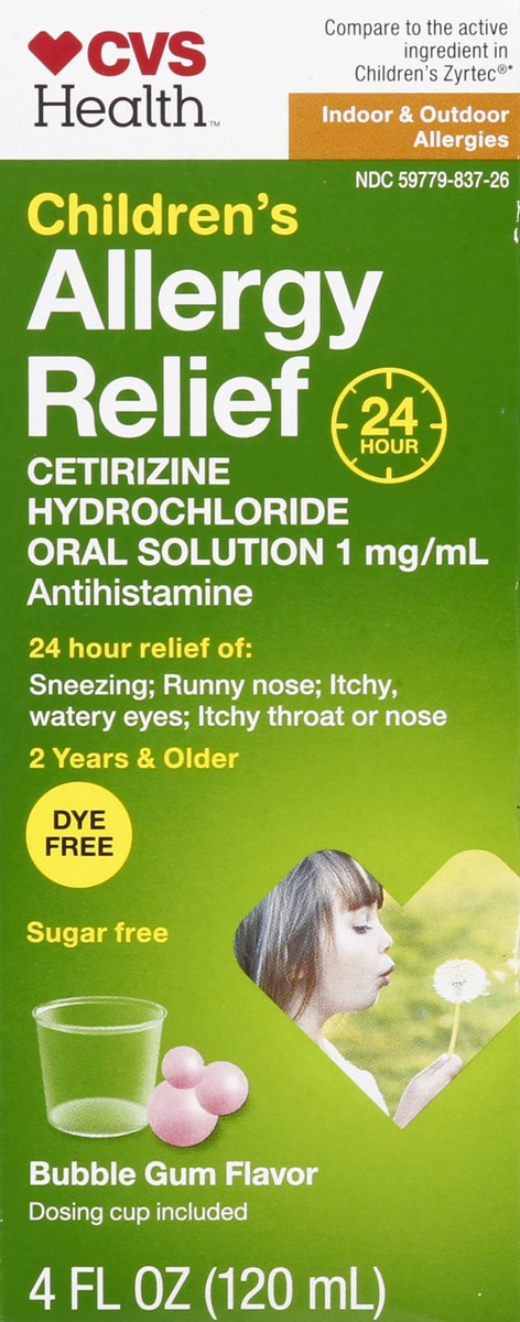 slide 12 of 12, CVS Health Children's 24Hr Allergy Relief Cetirizine Hcl Oral Antihistamine, Bubblegum, 4 Oz, 1 ct