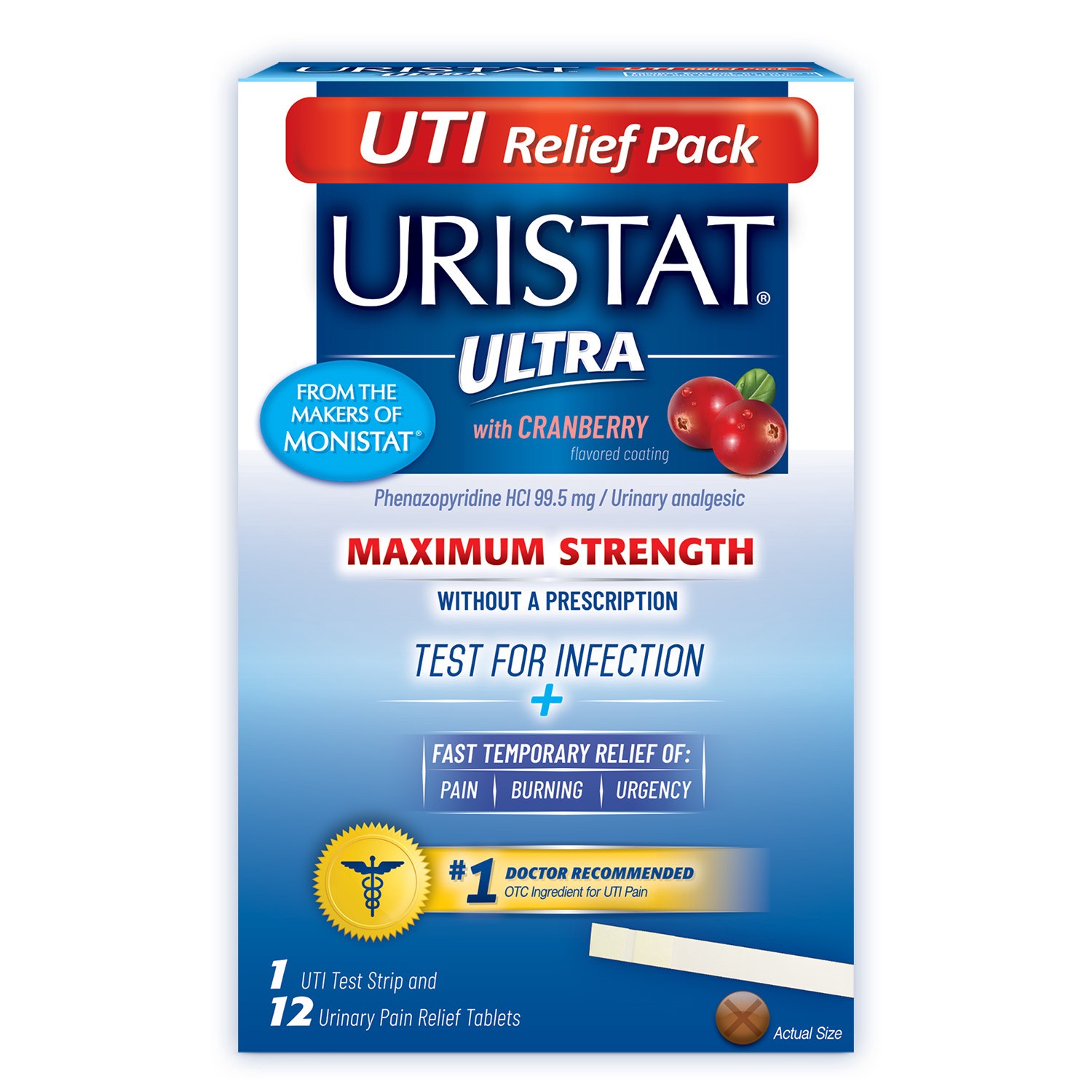 slide 1 of 2, URISTAT Ultra UTI Relief Pak, UTI Treatment for Women and Men, 1 UTI Test Strip and 12 UTI Treatment Tablets, 1 Box, 12 ct