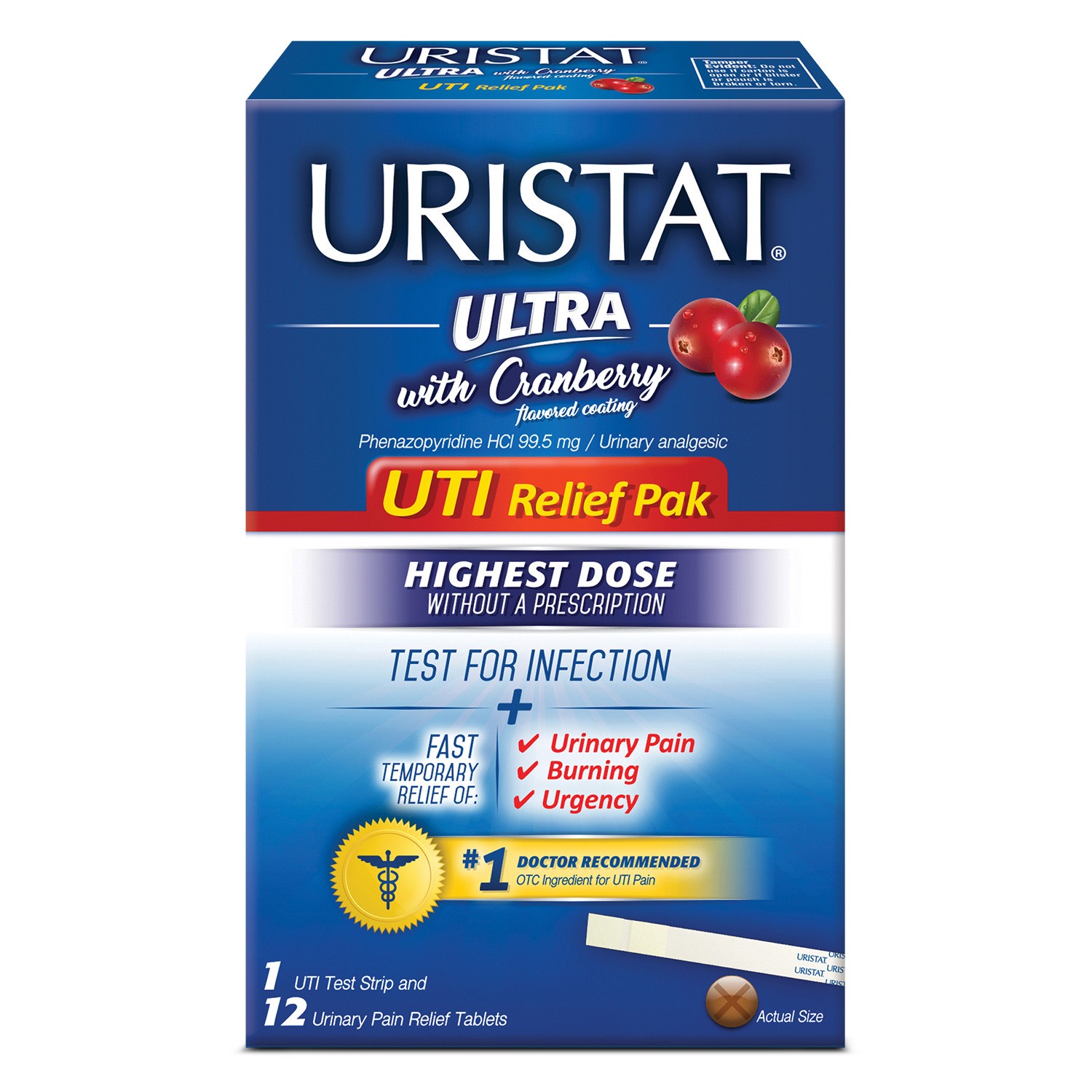 slide 1 of 2, URISTAT Ultra UTI Relief Pak, UTI Treatment for Women and Men, 1 UTI Test Strip and 12 UTI Treatment Tablets, 1 Box, 12 ct