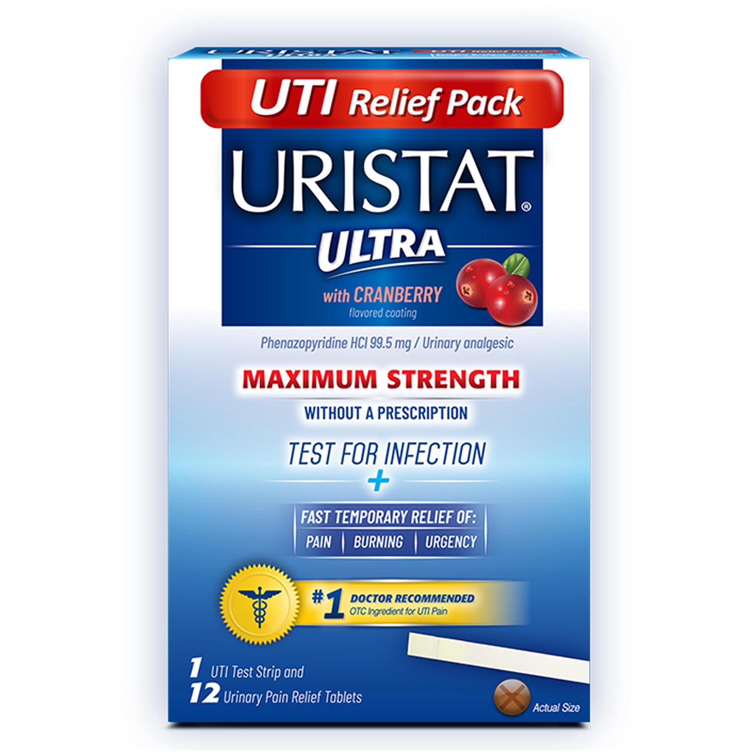 slide 1 of 2, URISTAT Ultra UTI Relief Pak, UTI Treatment for Women and Men, 1 UTI Test Strip and 12 UTI Treatment Tablets, 1 Box, 12 ct