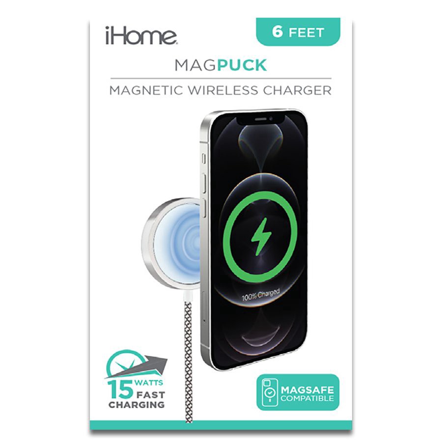 slide 1 of 1, iHome Magpuck 15-Watt Magnetic Wireless Charger - White, 6 ft
