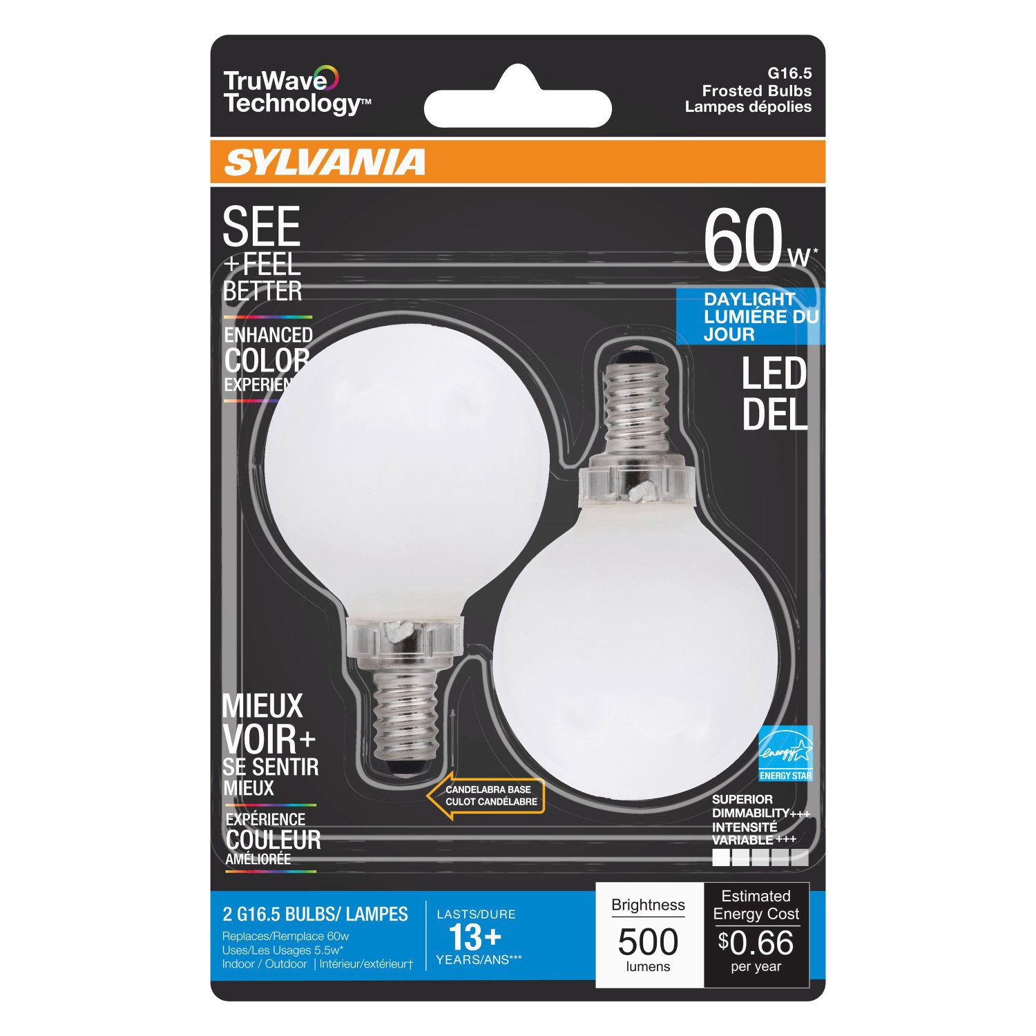 slide 1 of 1, Sylvania TruWave 60-Watt G16.5 Frosted Daylight LED Light Bulbs, 2 ct