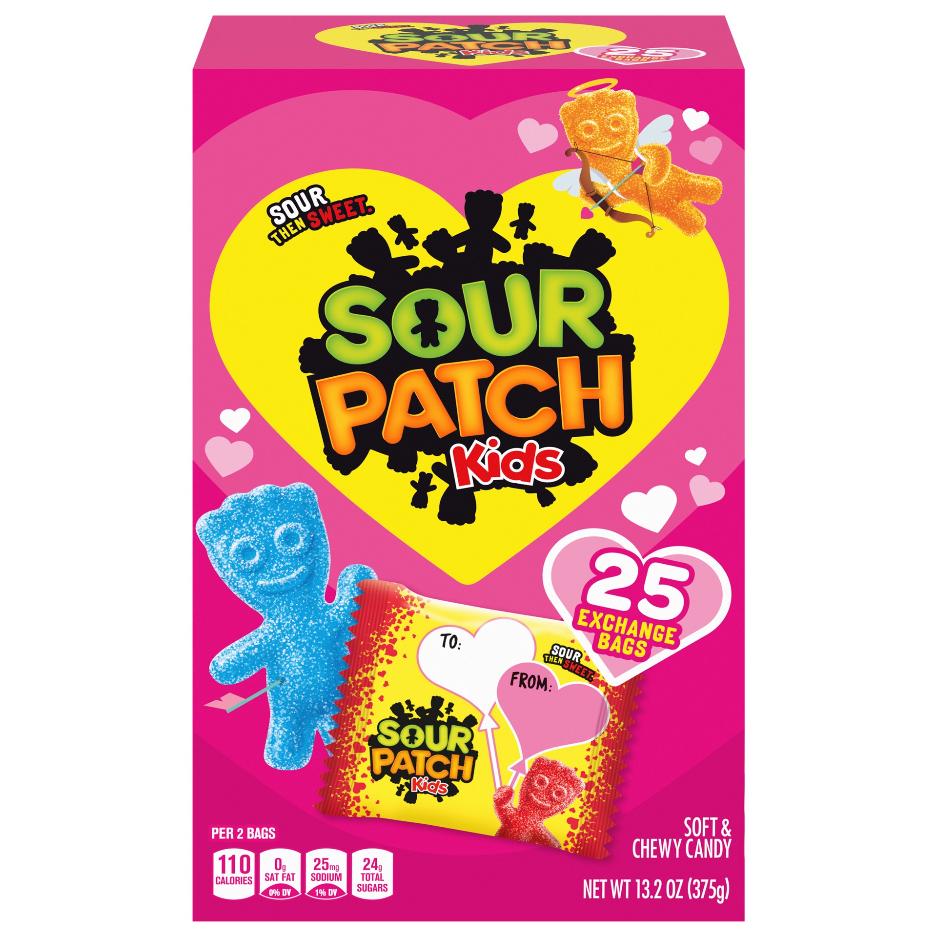 slide 1 of 13, SOUR PATCH KIDS Valentine Candy, 25 Snack Packs, 4 Valentine's Day Cards, 0.82 lb